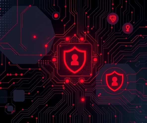 Cybersecurity illustration with geometric shapes and circuit patterns